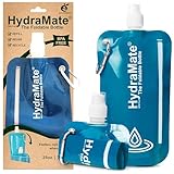 HydraMate Faltbare Trinkflasche 750ml Wiederverwendbare Faltbare Wasserflasche. Zusammenklappbare, Leichte, Flexible, Rollbare, BPA FREIE. Wasserbeutel nachfüllbar mit Karabinerhaken. Blau