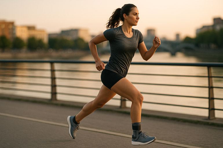 Frau joggt mit Sprunggelenkbandage